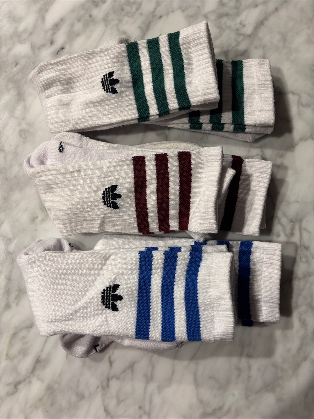 adidas OG White Crew Socks with Green, Maroon, and Blue Stripes (6 Pairs)